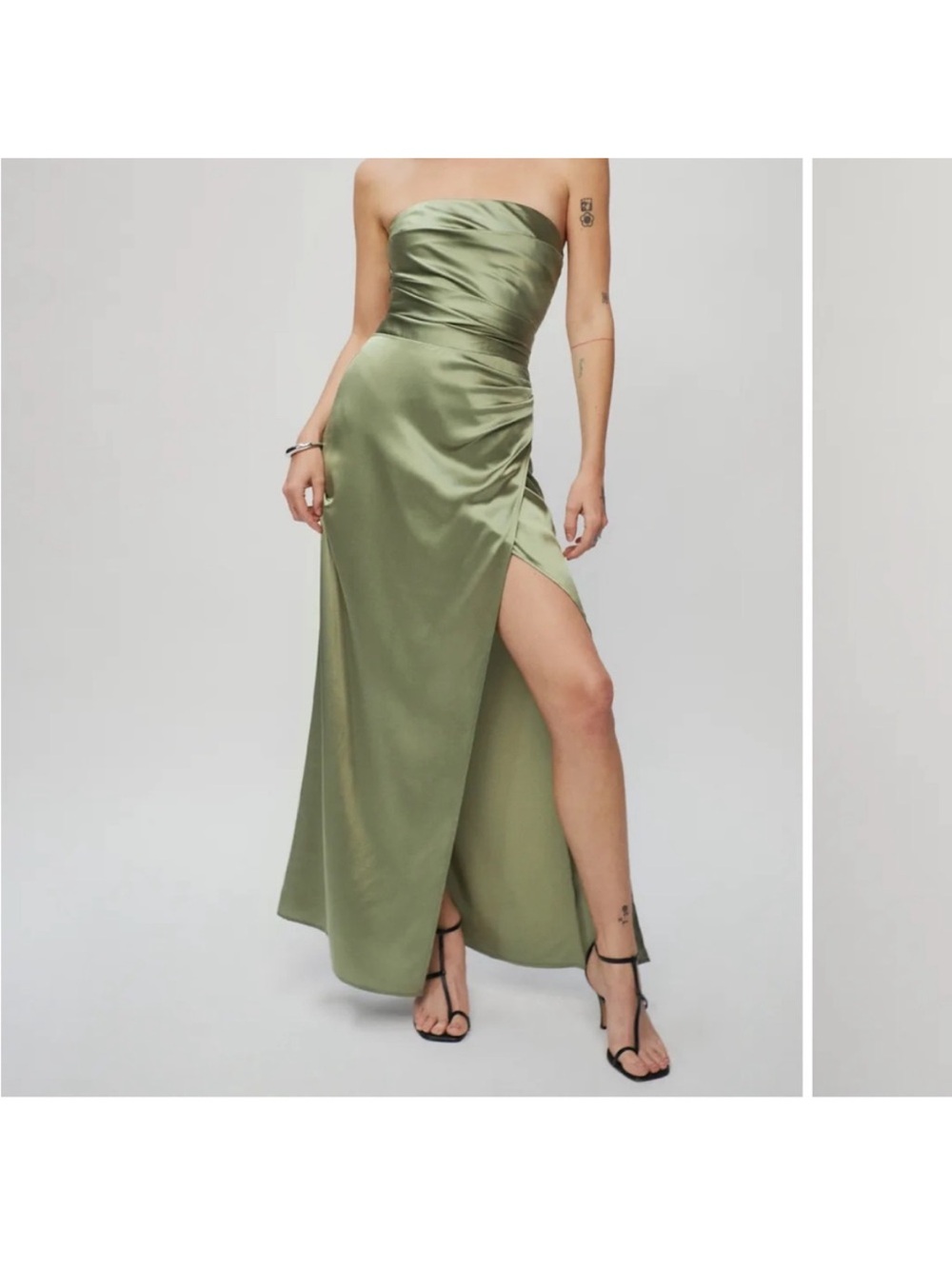 Reformation Olive Green Strapless Satin Slip Maxi Dress (Size 2)